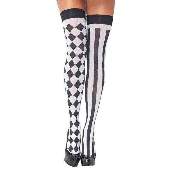 Queen of Heart and Harlequin Print Stockings 2-Pack Women OS Costume Thigh Highs - Picture 7 of 7